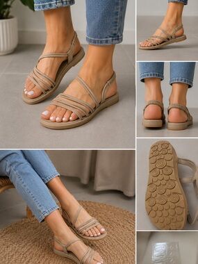 Beige Strappy Flat Sandals Elastic Slingback Size 38